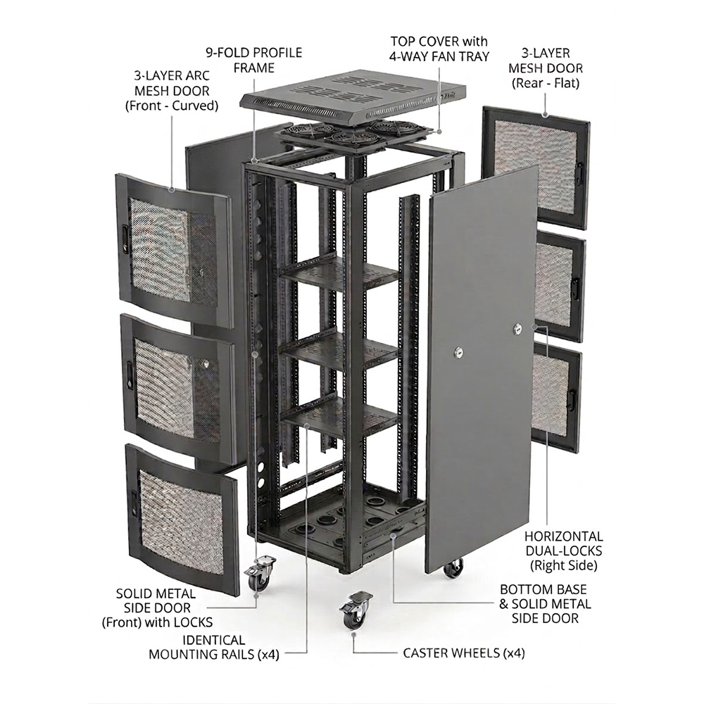 3 コンパートメント 42U サーバー ラック キャビネット 800x1000 | ARC メッシュ ドア付き 9 つ折りプロファイル高耐久ネットワーク キャビネット 