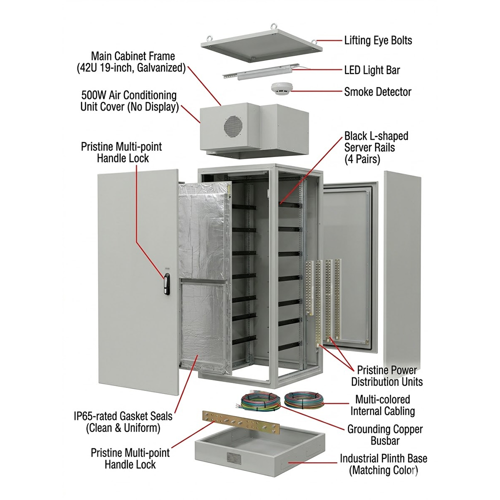 IP65屋外テレコムキャビネット42U 800×800、エアコンおよび監視システム付き