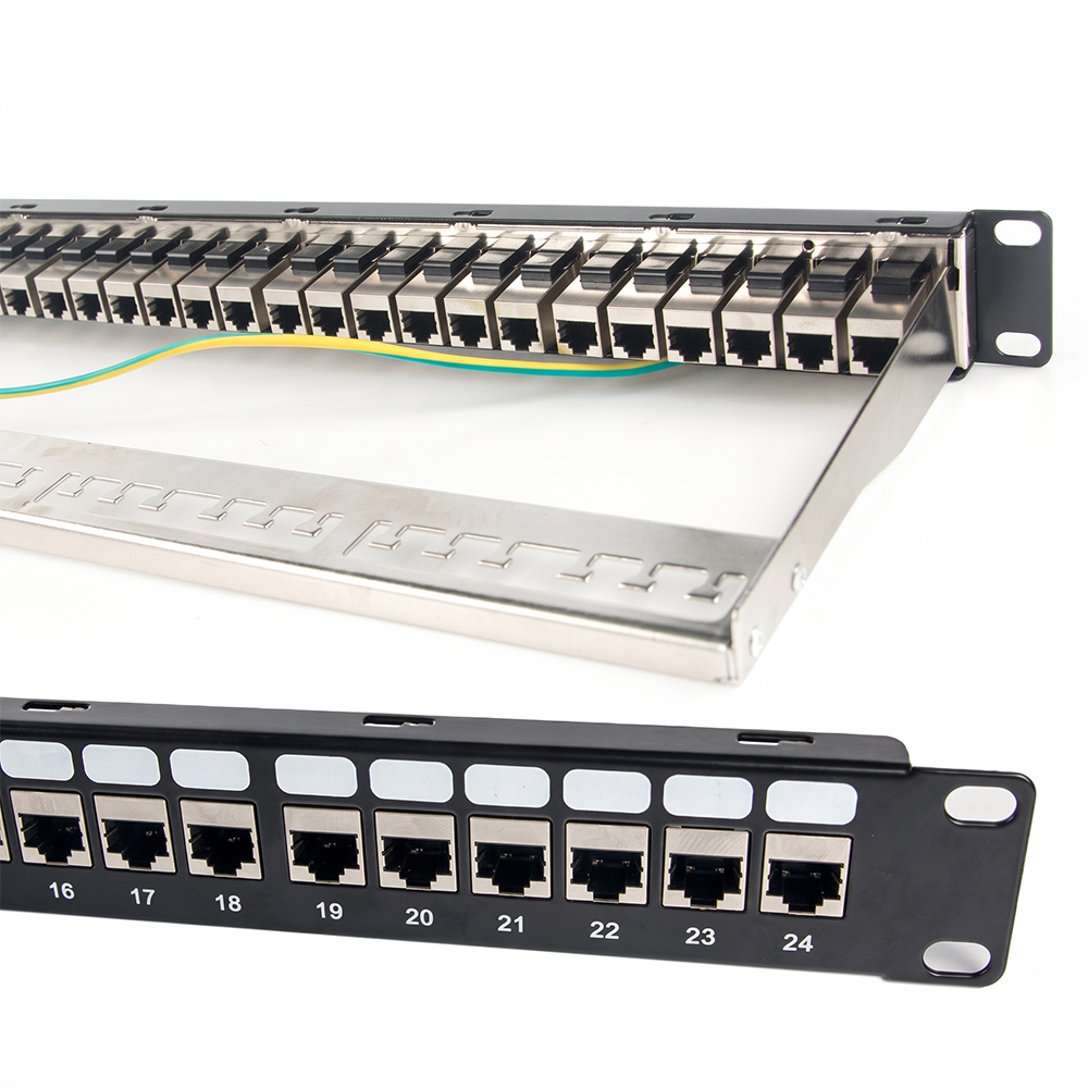 24 ポート 1U Cat6A STP フィードスルー パッチ パネル | 19インチ シールド付き RJ45 インライン カプラー パネル - WebiT