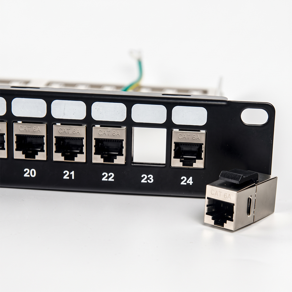 24 ポート 1U Cat6A STP フィードスルー パッチ パネル | 19インチ シールド付き RJ45 インライン カプラー パネル - WebiT
